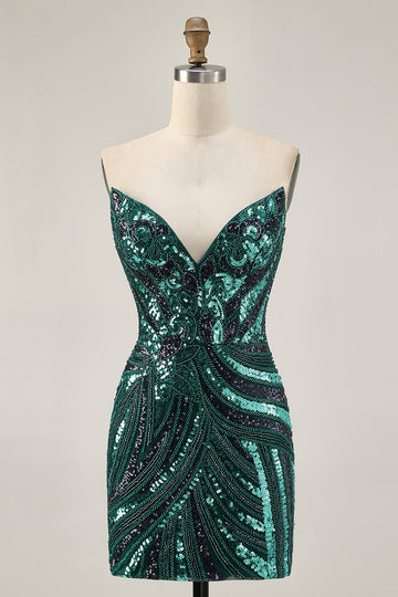 Dark Green Sparkly Strapless Sequins Tight Cocktail Dress
